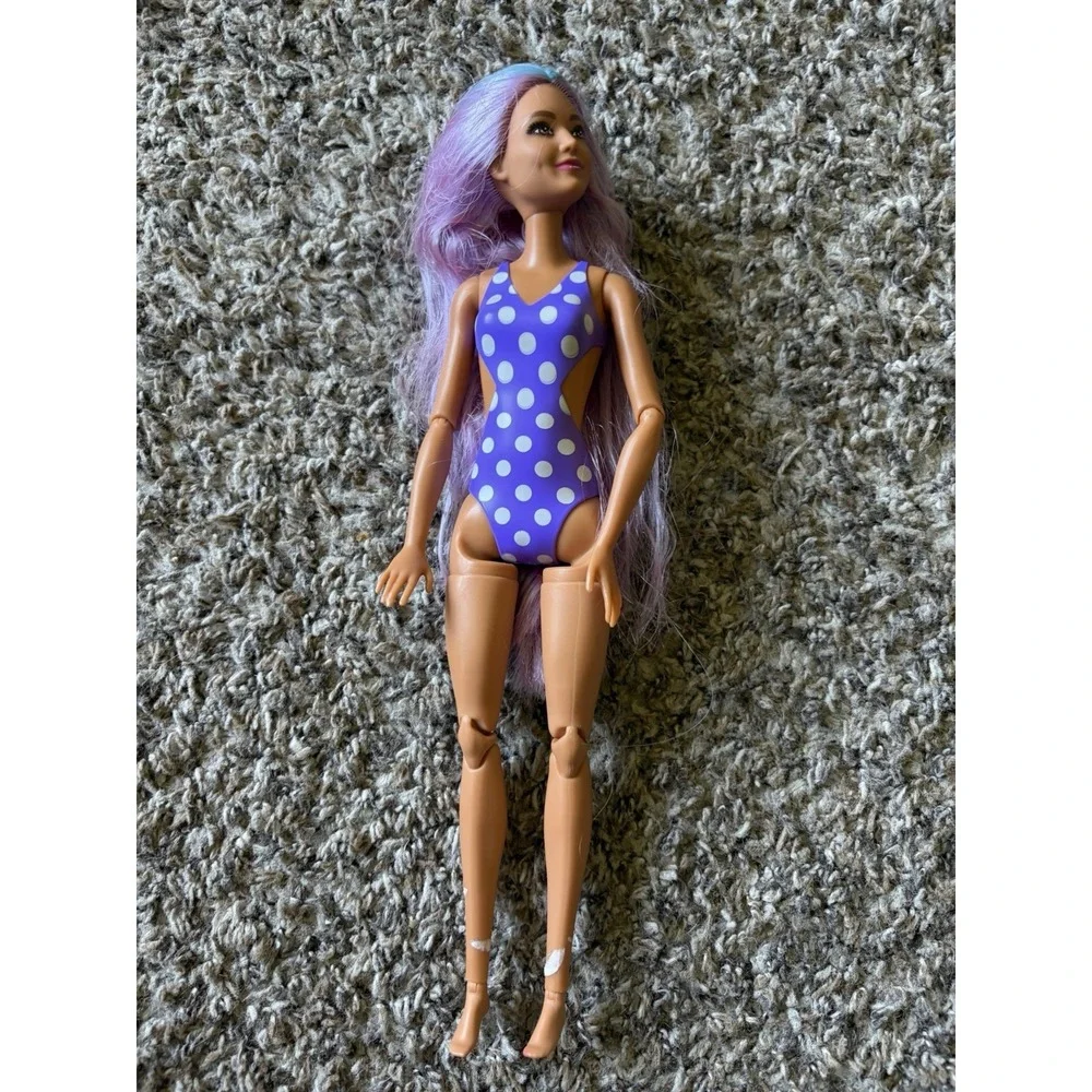 Mattel Barbie Made To Move Color Pop Articulated Doll Tan‎ Skin Purple Swimsuit